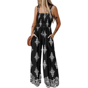 imageCHICME Womens Casual Loose Overalls Jumpsuits Floral One Piece Square Neck Shirred Pants with PocketsAblack