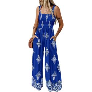 imageCHICME Womens Casual Loose Overalls Jumpsuits Floral One Piece Square Neck Shirred Pants with PocketsBlue