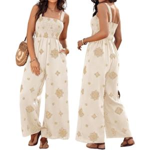 imageCHICME Womens Casual Loose Overalls Jumpsuits Floral One Piece Square Neck Shirred Pants with PocketsEmbroideryapricot