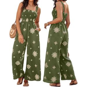imageCHICME Womens Casual Loose Overalls Jumpsuits Floral One Piece Square Neck Shirred Pants with PocketsEmbroideryarmy Green