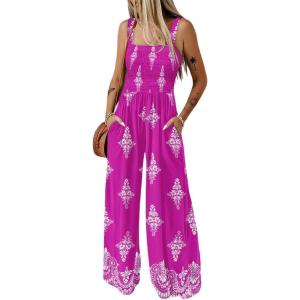 imageCHICME Womens Casual Loose Overalls Jumpsuits Floral One Piece Square Neck Shirred Pants with PocketsHot Pink