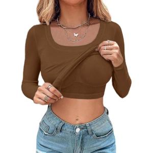 imageCHICME Womens Fall Long Sleeve Square Neck 2025 T Shirts with Builtin Shelf Bra Ribbed Knit Slim Fit Casual Basic TopsCoffee