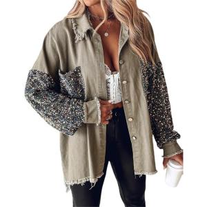 imageCHICME Womens Jacket 2025 Sequin Patchwork Long Sleeve Jacket Top Button Front Oversized Denim ShacketA Khaki