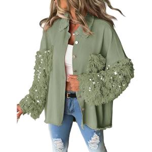 imageCHICME Womens Jacket 2025 Sequin Patchwork Long Sleeve Jacket Top Button Front Oversized Denim ShacketCarmy Green