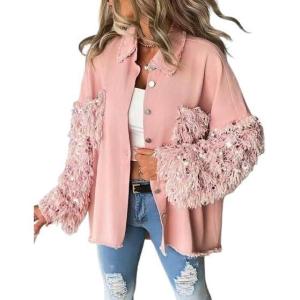 imageCHICME Womens Jacket 2025 Sequin Patchwork Long Sleeve Jacket Top Button Front Oversized Denim ShacketEpink
