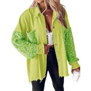 imageCHICME Womens Jacket 2025 Sequin Patchwork Long Sleeve Jacket Top Button Front Oversized Denim ShacketGreen