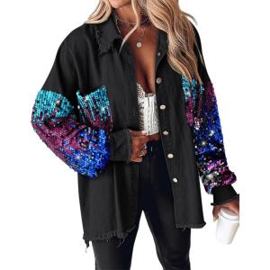 imageCHICME Womens Jacket 2025 Sequin Patchwork Long Sleeve Jacket Top Button Front Oversized Denim ShacketMulticolor