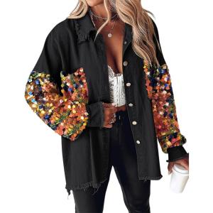 imageCHICME Womens Jacket 2025 Sequin Patchwork Long Sleeve Jacket Top Button Front Oversized Denim ShacketOrange