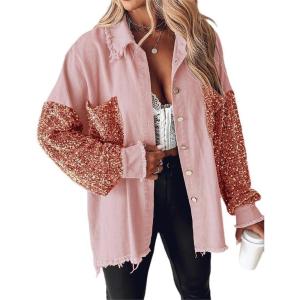imageCHICME Womens Jacket 2025 Sequin Patchwork Long Sleeve Jacket Top Button Front Oversized Denim ShacketPink