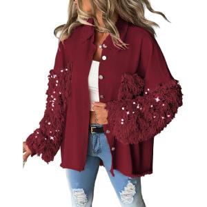 imageCHICME Womens Jacket 2025 Sequin Patchwork Long Sleeve Jacket Top Button Front Oversized Denim ShacketWine Red
