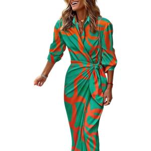 imageCHICME Womens Long Sleeve Midi Dress 2025 Casual Wrap Tied Detail Shirt Dresses Floral Print Fall Boho Long DressGreen