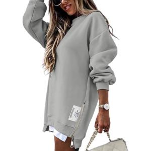 imageCHICME Womens Long Sleeve Zipper Slit Oversized Sweatshirt 2025 Casual Pullover Zipper HoodiesGray