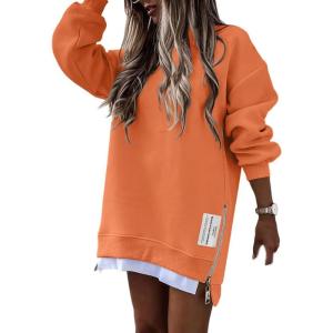 imageCHICME Womens Long Sleeve Zipper Slit Oversized Sweatshirt 2025 Casual Pullover Zipper HoodiesOrange