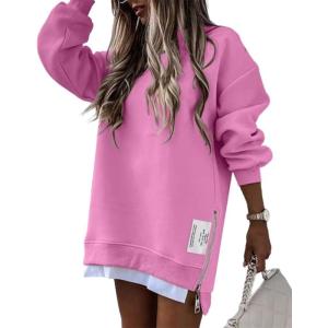 imageCHICME Womens Long Sleeve Zipper Slit Oversized Sweatshirt 2025 Casual Pullover Zipper HoodiesPink