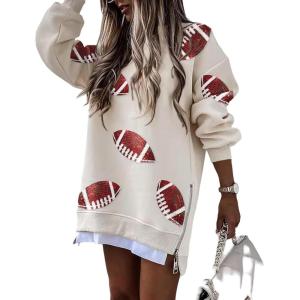 imageCHICME Womens Long Sleeve Zipper Slit Oversized Sweatshirt 2025 Casual Pullover Zipper HoodiesSequin Rugby Apricot