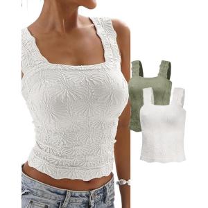 imageCHICME Womens Square Neck Sleevless Wide Strap Flower Lettuce Trim Crop Tank Tops Cute Slim Fit Summer TopC2pcs greenwhite