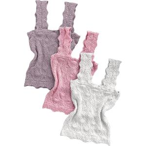 imageCHICME Womens Square Neck Sleevless Wide Strap Flower Lettuce Trim Crop Tank Tops Cute Slim Fit Summer TopQ3pcs pinkpurplewhite