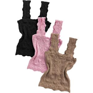 imageCHICME Womens Square Neck Sleevless Wide Strap Flower Lettuce Trim Crop Tank Tops Cute Slim Fit Summer TopS3pcs pinkblackkhaki