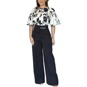 imageCHICME Womens Summer 2 Piece Outfit 2025 Bell Sleeves Floral Blouse with High Waist Pants Set Party OutfitsBlack