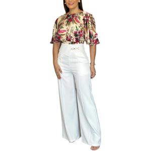 imageCHICME Womens Summer 2 Piece Outfit 2025 Bell Sleeves Floral Blouse with High Waist Pants Set Party OutfitsYellow