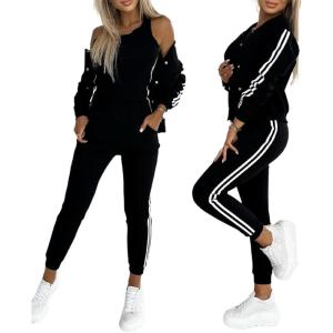 imageCHICME Womens Three Piece Outfits Striped Tape Patch Tank Tops Bomber Jacket with Sporty Pants Tracksuit Lounge SetsBlack