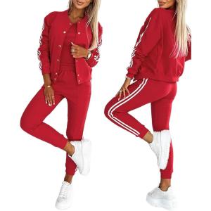 imageCHICME Womens Three Piece Outfits Striped Tape Patch Tank Tops Bomber Jacket with Sporty Pants Tracksuit Lounge SetsRed
