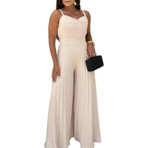 imageCHICME Womens V Neck Spaghetti Strap Jumpsuits Wide Leg Pleated Pants Summer Cami OverallsApricot