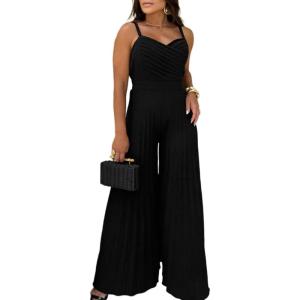imageCHICME Womens V Neck Spaghetti Strap Jumpsuits Wide Leg Pleated Pants Summer Cami OverallsBlack