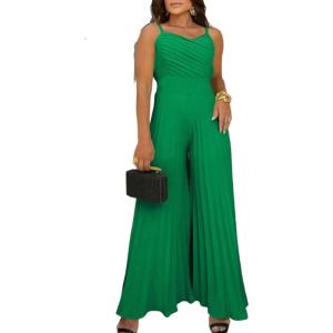 imageCHICME Womens V Neck Spaghetti Strap Jumpsuits Wide Leg Pleated Pants Summer Cami OverallsGreen