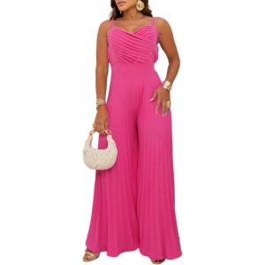 imageCHICME Womens V Neck Spaghetti Strap Jumpsuits Wide Leg Pleated Pants Summer Cami OverallsHot Pink