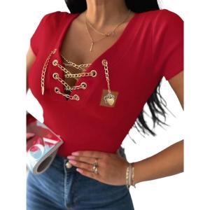 imageWomens Sexy Criss Cross Chain Decor VNeck TShirt Sexy Lace Up Short Sleeve Top Slim Fit Y2k TeeRed