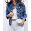 imageCHICME Denim Jacket for Women 2025 Button Up Stand Collar Jeans Jacket Casual Long Sleeve Lightweight Fall CoatBlue