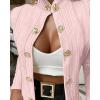 imageCHICME Women Argyle Cable Cardigan Casual Lightweight Cropped Coat Stand Collar Long Sleeve Metal Button Front Fall JacketsPink