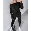 imageCHICME Women Tracksuit 2025 Fall 2 piece Outfits Off The Shoulder Long Sleeve Tops and Pants SetAblack