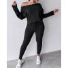 imageCHICME Women Tracksuit 2025 Fall 2 piece Outfits Off The Shoulder Long Sleeve Tops and Pants SetAblack