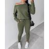 imageCHICME Women Tracksuit 2025 Fall 2 piece Outfits Off The Shoulder Long Sleeve Tops and Pants SetArmy Green