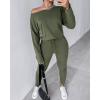 imageCHICME Women Tracksuit 2025 Fall 2 piece Outfits Off The Shoulder Long Sleeve Tops and Pants SetArmy Green