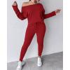 imageCHICME Women Tracksuit 2025 Fall 2 piece Outfits Off The Shoulder Long Sleeve Tops and Pants SetRed