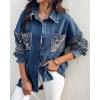 imageCHICME Womens Casual Denim Jacket for Women 2025 Contrast Sequin Long Sleeve Rhinestone Denim JacketsLighted Blue