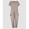 imageCHICME Womens Casual Short Sleeve Jumpsuits V Neck Baggy Romper Strechy Comfy Wide Leg Jumpsuit with PocketsAlight Khaki