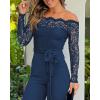 imageCHICME Womens Dressy Jumpsuits Casual One Piece Outfits Off Shoulder Lace Trim Overalls Straight Leg PantsBlue