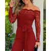 imageCHICME Womens Dressy Jumpsuits Casual One Piece Outfits Off Shoulder Lace Trim Overalls Straight Leg PantsWine Red