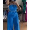 imageCHICME Womens Jumpsuit Beaded Spaghetti Strap Bowknot Ruched Slim Fit Cami Jumpsuits Elegant OverallBlue
