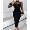 imageCHICME Womens Sexy Bodycon Midi Dress 2025 Mock Neck Long Sleeve Sheer Dresses Beaded Night Club Party DressesAblack