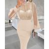 imageCHICME Womens Sexy Bodycon Midi Dress 2025 Mock Neck Long Sleeve Sheer Dresses Beaded Night Club Party DressesApricot