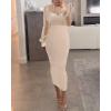 imageCHICME Womens Sexy Bodycon Midi Dress 2025 Mock Neck Long Sleeve Sheer Dresses Beaded Night Club Party DressesApricot