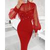 imageCHICME Womens Sexy Bodycon Midi Dress 2025 Mock Neck Long Sleeve Sheer Dresses Beaded Night Club Party DressesRed