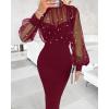imageCHICME Womens Sexy Bodycon Midi Dress 2025 Mock Neck Long Sleeve Sheer Dresses Beaded Night Club Party DressesWine Red