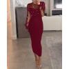 imageCHICME Womens Sexy Bodycon Midi Dress 2025 Mock Neck Long Sleeve Sheer Dresses Beaded Night Club Party DressesWine Red