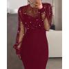 imageCHICME Womens Sexy Bodycon Midi Dress 2025 Mock Neck Long Sleeve Sheer Dresses Beaded Night Club Party DressesWine Red
